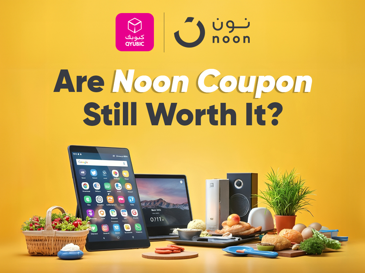 An image showcasing a variety of electronic gadgets and food items, with a prominent question in the foreground asking, "Are Noon Coupon Still Worth It?" suggesting a discussion on the value of coupons from a retailer named Noon.