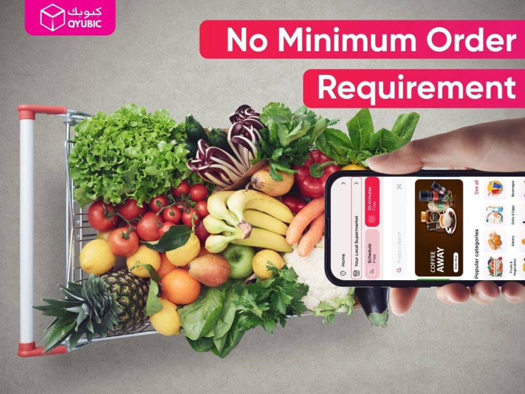 No minimum order required with Qarrib – order groceries online in UAE with same day grocery delivery and affordable food delivery.