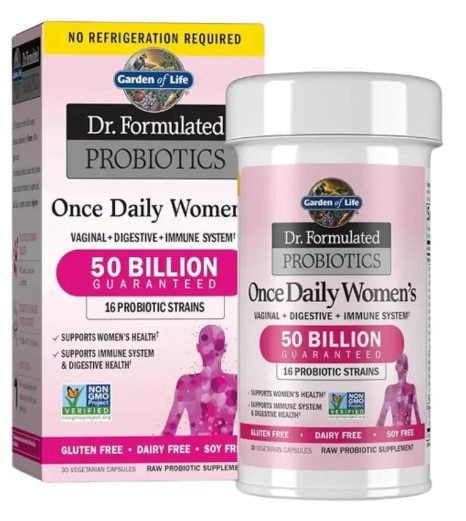 Bottle of Garden of Life Dr. Formulated Probiotics Once Daily Women’s 50 Billion capsules, a top-rated shelf-stable probiotic supplement for women in the UAE. This product supports gut comfort, clearer skin, vaginal health, and immune resilience with 16 diverse strains including L. reuteri and L. fermentum, and a whole food prebiotic blend. Ideal for women seeking the best probiotic supplement for adults with additional benefits for overall wellness.