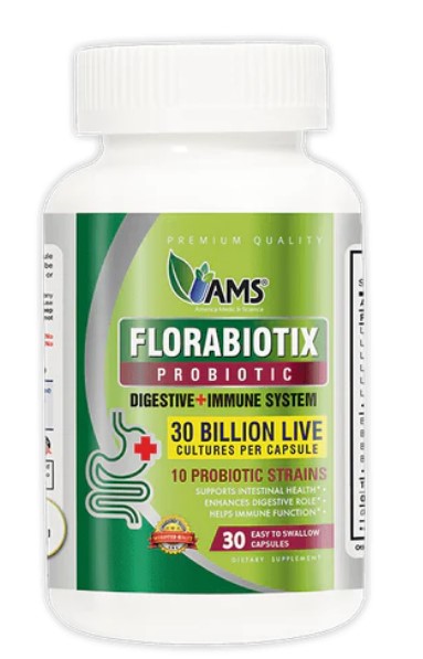 AMS Florabiotix Probiotic 30 Billion capsules, a dual-action, shelf-stable probiotic supplement loved in the UAE for adults. Contains 10 proven strains for regular digestion, reducing bloating and gas, supporting gut health, strengthening immunity, and aiding antibiotic recovery. An excellent choice for daily wellness and nutrient absorption, offering comprehensive health benefits of probiotic supplements.