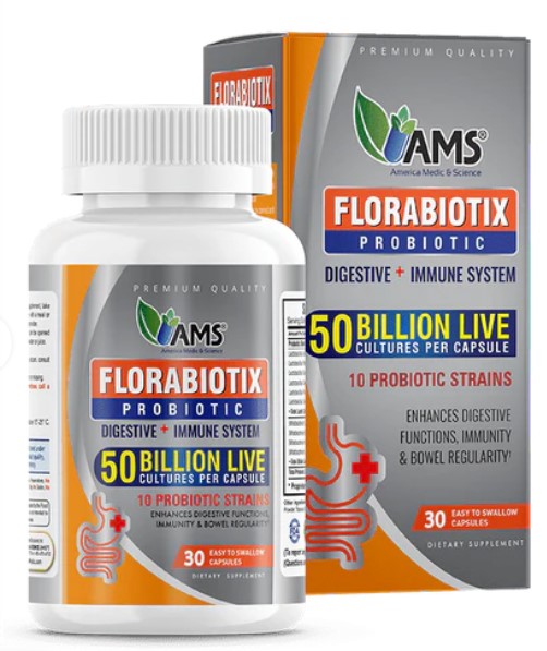 AMS Florabiotix Probiotic 50 Billion capsules, a high-potency probiotic supplement for advanced gut support in the UAE. Features 10 advanced strains to promote healthy gut flora, enhance digestion, support bowel regularity, and fortify immune defense. This premium probiotic supplement is ideal for adults needing intensive gut support, skin clarity, and overall vitality in warm climates.