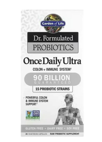 Bottle of Garden of Life Dr. Formulated Once Daily Ultra 90 Billion capsules, an ultra-potent, shelf-stable probiotic supplement for maximum gut, skin, and immune support in the UAE. Features 15 diverse strains, including L. acidophilus NCFM®, for powerful colon health, nutrient absorption, and fortified immunity. This is among the top best probiotic supplements for adults needing strong support post-antibiotics or during stressful periods.