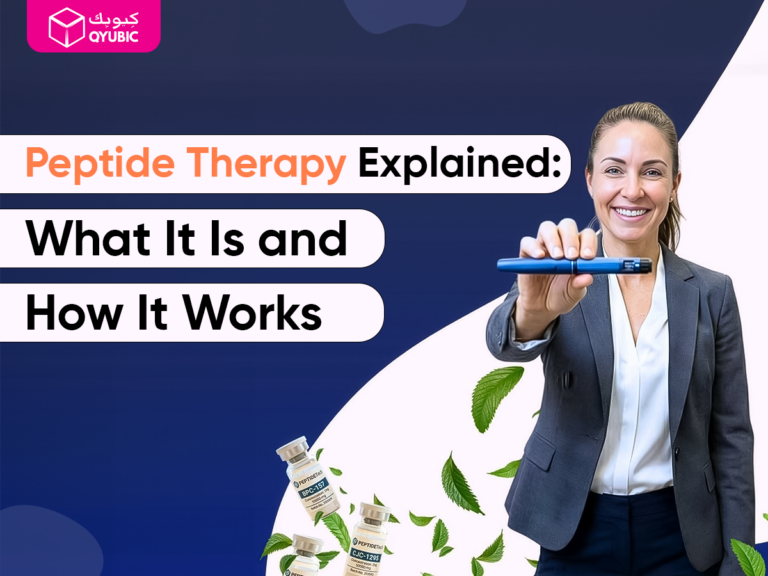 An image featuring a professional presenting a peptide therapy pen, symbolizing peptide therapy. The text reads 'Peptide Therapy Explained: What It Is and How It Works.' This therapy, including BPC 157, CJC 1295, and Sermorelin, offers benefits like muscle growth, fat loss, and overall health improvement through peptide injections and hormone regulation.