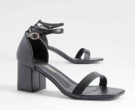Black low block office heeled sandal with barely-there straps and adjustable ankle strap – comfortable heeled sandals for women