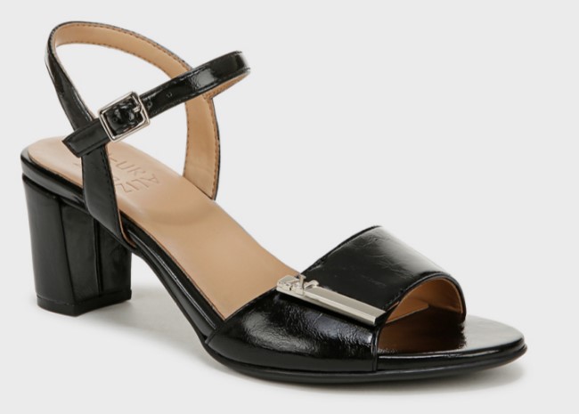 Black block heel office heeled sandal with ornament detail and adjustable ankle strap – women’s heels for high-arched feet