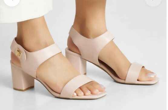 Nude mid heel block office sandal with wide Velcro ankle strap and padded footbed – most comfortable designer heels