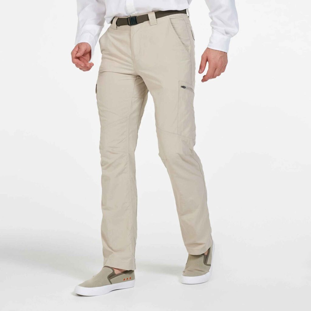 Columbia Men's Silver Ridge Cargo Pants in beige, made with 100% Nylon and featuring Omni-Wick and UPF 50, perfect for men seeking lightweight and breathable cargo pants for Dubai heat, travel, or hiking. Ideal for those searching for the best cargo pants for men in UAE.