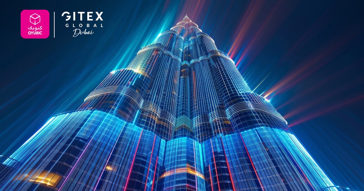 A futuristic-themed promotional image for GITEX Global Dubai, featuring a digitally enhanced, glowing version of the Burj Khalifa with neon blue and red light effects.