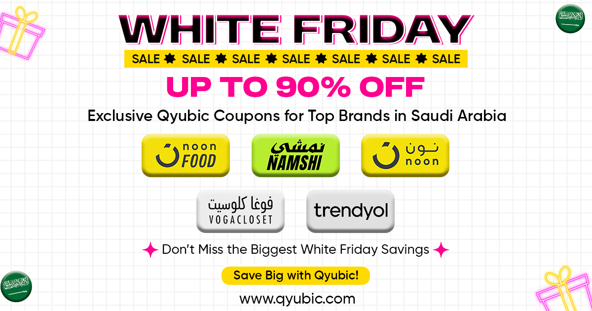 A promotional image for Qyubic's White Friday Sale 2025, offering up to 90% off on brands like Noon, Namshi, VogaCloset, Trendyol, and Noon Food, with a clean white background and black and pink text.