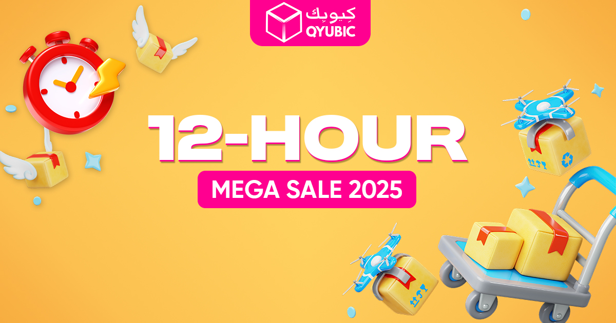 A promotional banner for Qyubic's 12-Hour Mega Sale 2025, featuring a yellow background with a red clock, flying packages, drones, and a shopping cart filled with parcels.