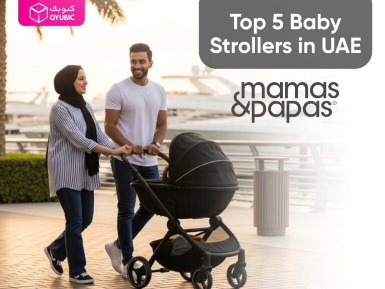 Emirati couple pushing a modern stroller along a marina promenade at sunset, overlaid with ‘Top 5 Baby Strollers in UAE’ title