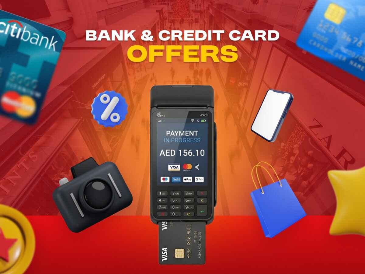 Payment terminal with credit card showing how to achieve maximum discounts using bank offers and cashback in UAE