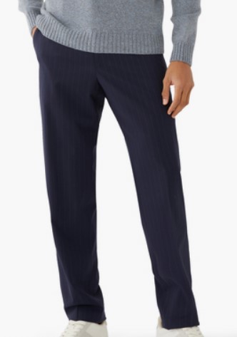 Theory Mayer Stretch Wool formal trouser – Navy Pinstripe: A navy pinstripe straight-leg pair of stretch-wool Formal Trousers for Men, offering lightweight breathability and excellent shape retention.