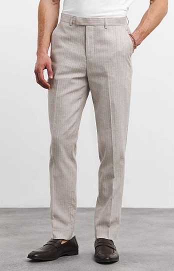 Jacamo Linen Blend Pinstripe Suit Trousers – Beige: A light beige regular-fit linen-blend pair of Formal Trousers for Men with subtle pinstripes, offering cool comfort and a polished look for warmer days.