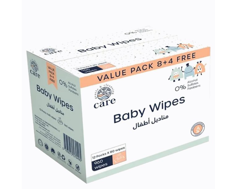 Care baby wipes 12-pack, alcohol-paraben-sulfate free, Dubai Municipality approved
