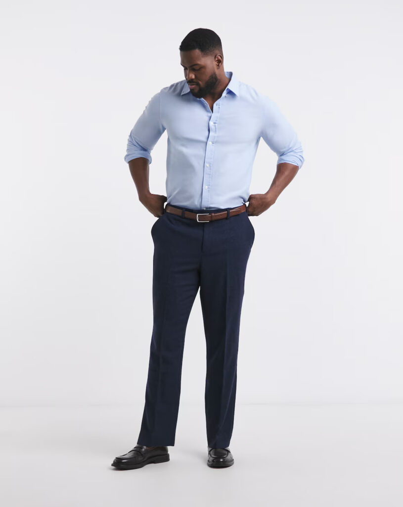 Jacamo Wool Blend Regular Fit Suit Trousers – Navy: A textured navy wool-blend regular-fit pair of Formal Trousers for Men, designed to breathe and hold shape for comfortable all-day wear.