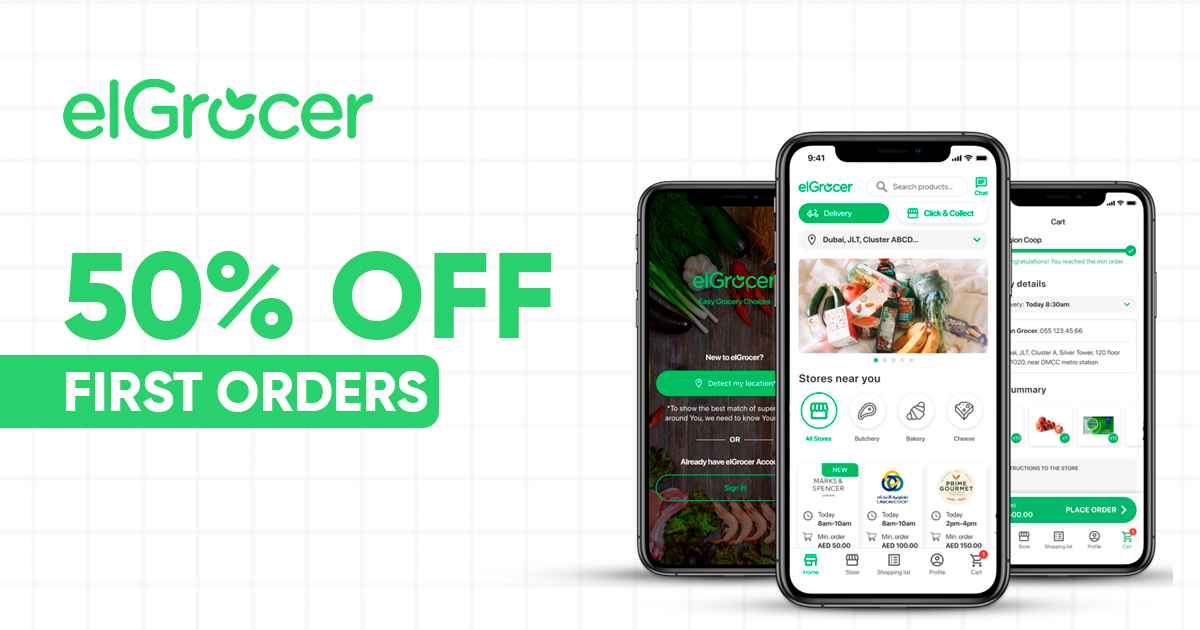 Screenshot of El Grocer's mobile app offering massive discounts, one of the top online grocery stores in Dubai

