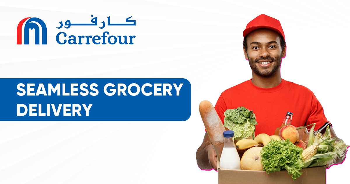 Image of a Carrefour delivery van and groceries, showcasing the best online grocery store in Dubai for same-day grocery delivery