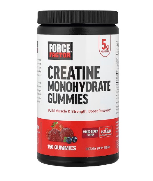 A bottle of Force Factor Creatine Monohydrate Gummies, with "Mixed Berry" flavor. The image highlights a creatine supplement for athletes to build muscle and enhance recovery.