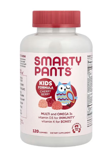 A bottle of SmartyPants Kids Formula Gummies, likely with a label indicating "Kids Formula" and "Cherry Berry" flavor. The image suggests a premium, child-friendly multivitamin with Omega-3s.