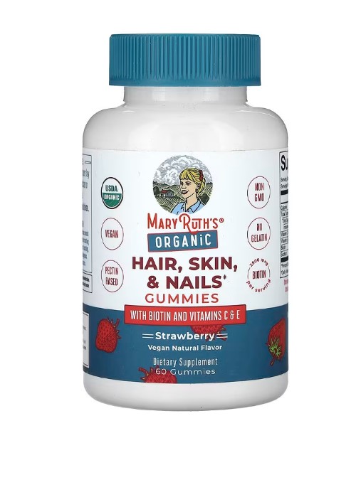A bottle of MaryRuth's Organics Hair, Skin & Nails Gummies, featuring a strawberry flavor. The image suggests a USDA-organic, vegan gummy for beauty support with biotin, Vitamin C, and E.