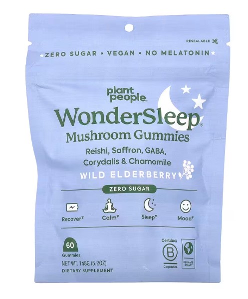 A bottle of Plant People WonderSleep® Mushroom Gummies, with "Wild Elderberry" flavor visible. The image indicates a sleep and mood support gummy with mushroom and herb extracts, free from sugar and melatonin.