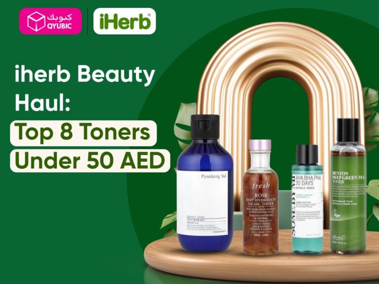 Herb Beauty Haul banner showcasing top 8 toners under 50 AED — including rice toner, glycolic acid toner, and face toner picks like Pyunkang Yul, Fresh Rose, and Benton Green Tea, ideal for affordable skincare on a budget."