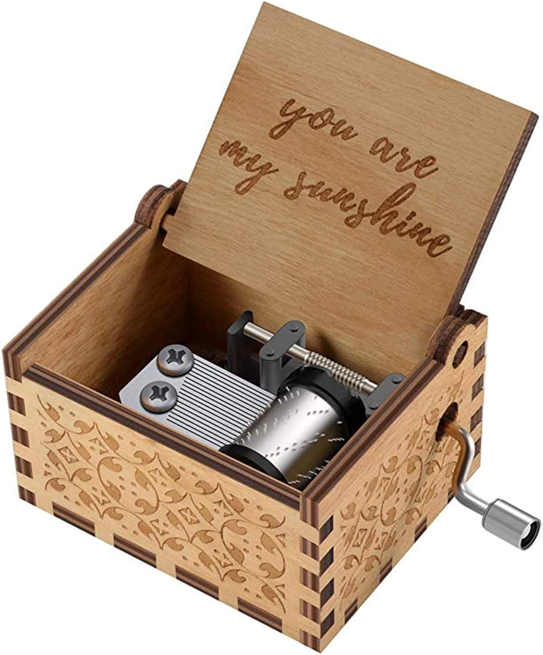 Wooden hand-cranked music box engraved with 'You Are My Sunshine,' a thoughtful Valentine’s Day gift for a boyfriend or girlfriend.