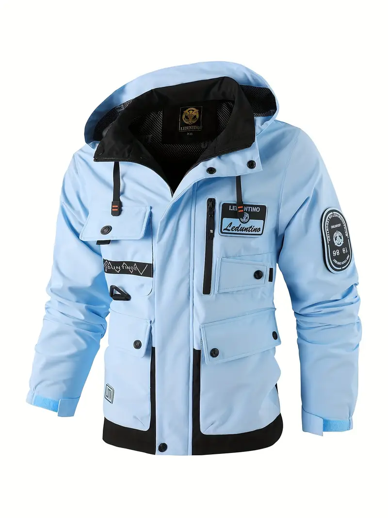 Stylish and functional light blue jacket with multiple pockets and patch details, a thoughtful Valentine’s Day gift for husbands who love adventure/