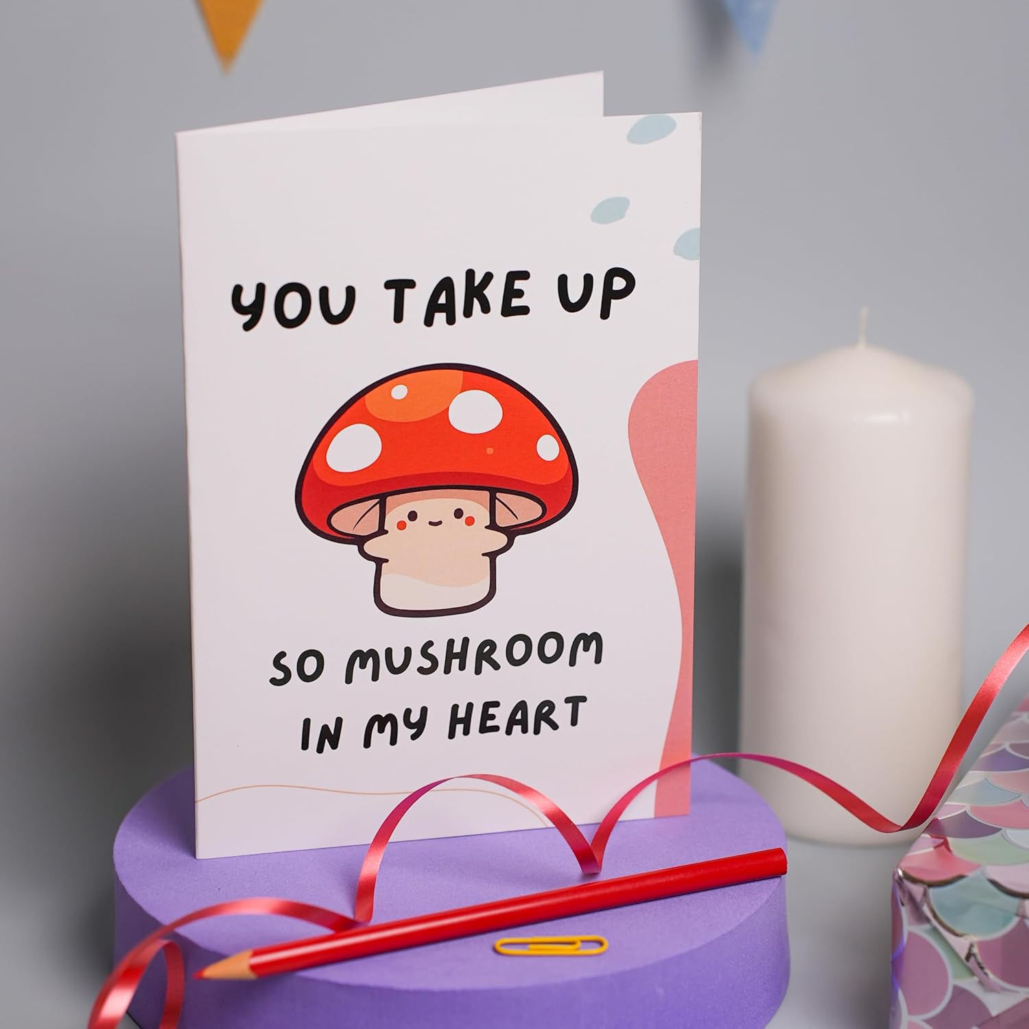 Cute greeting card with a mushroom graphic and the text 'You Take Up So Mushroom in My Heart,' an adorable touch for Valentine’s Day.