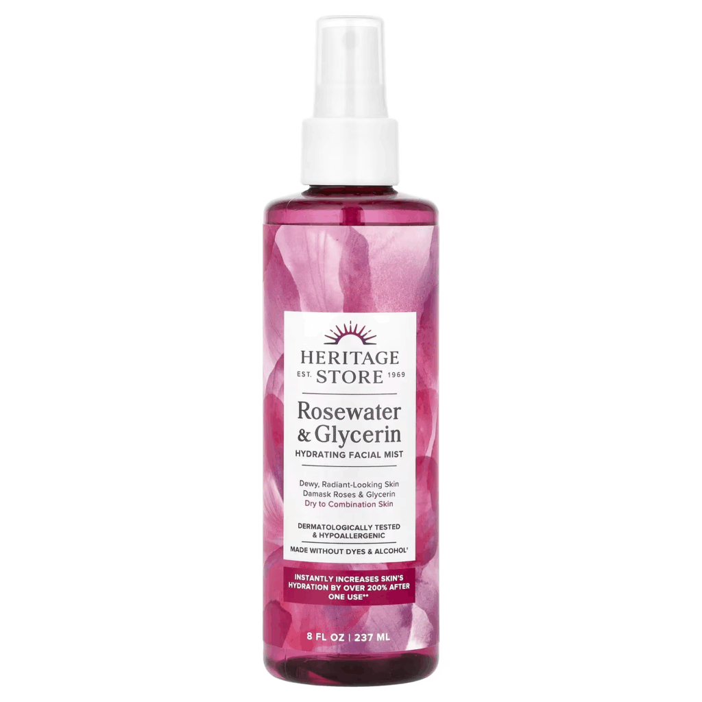 Heritage Store Rosewater and Glycerin toner mist with floral design — a hydrating face toner that increases skin moisture, perfect for dry skin types.