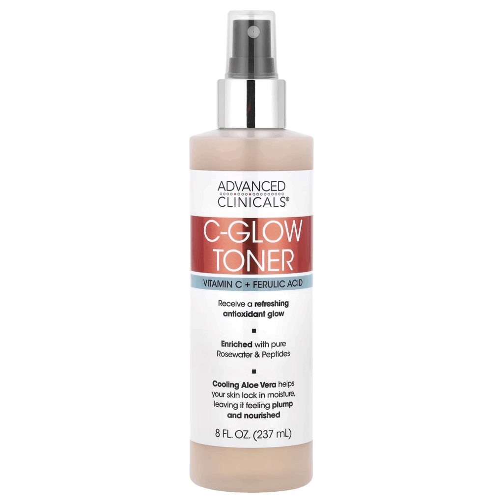 "Advanced Clinicals C-Glow toner with Vitamin C and Ferulic Acid — a glow-enhancing antioxidant face toner enriched with rosewater and peptides.