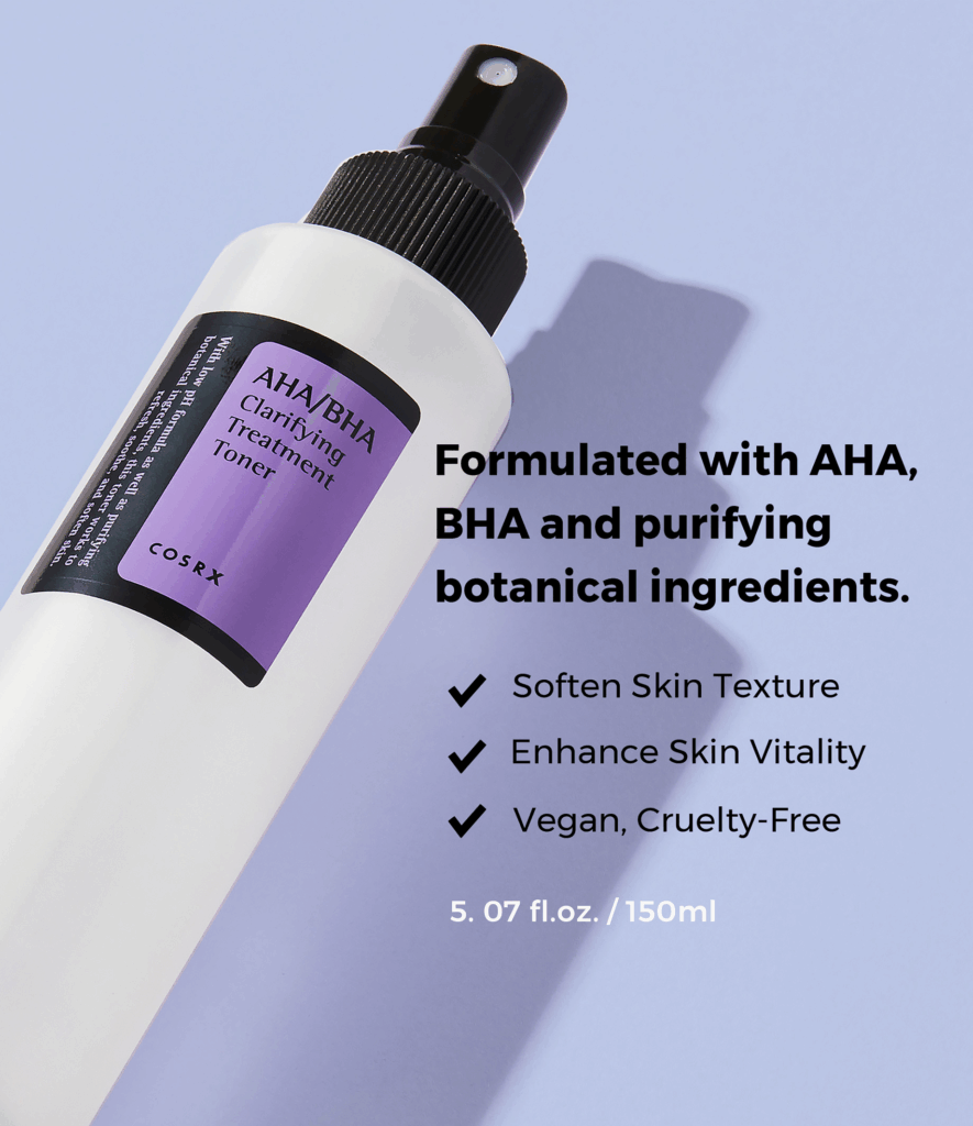 "COSRX AHA/BHA Clarifying Toner on a purple background — a glycolic acid toner with botanical extracts, ideal for refining pores and enhancing skin texture.