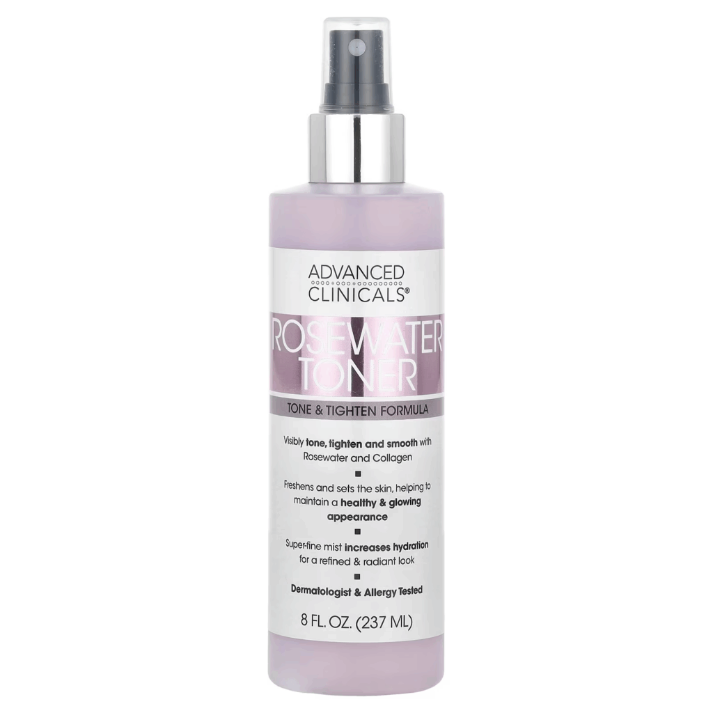 Advanced Clinicals Rosewater toner with collagen — a tightening, alcohol-free face toner designed to tone and hydrate combination and aging skin.