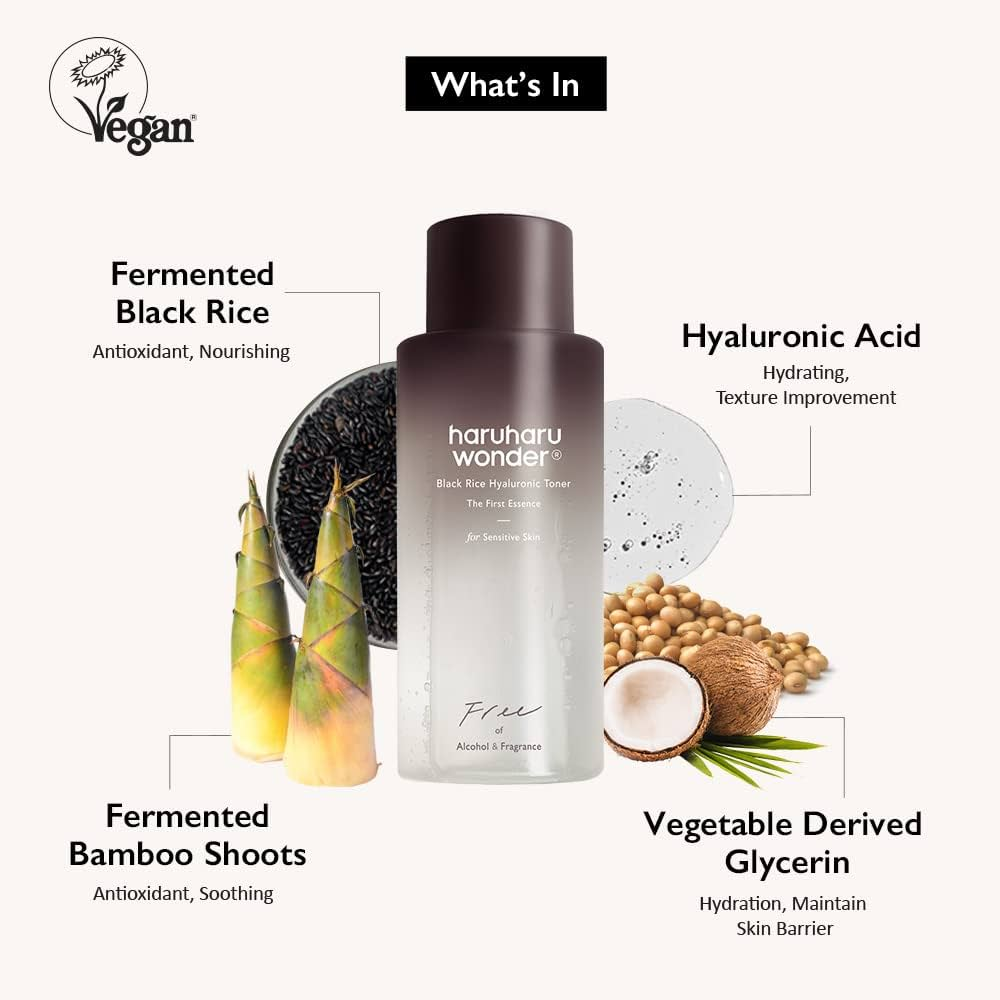 Haruharu Wonder Black Rice Hyaluronic toner displayed with natural ingredients — a rice toner rich in antioxidants, fermented extracts, and hyaluronic acid for deep hydration.