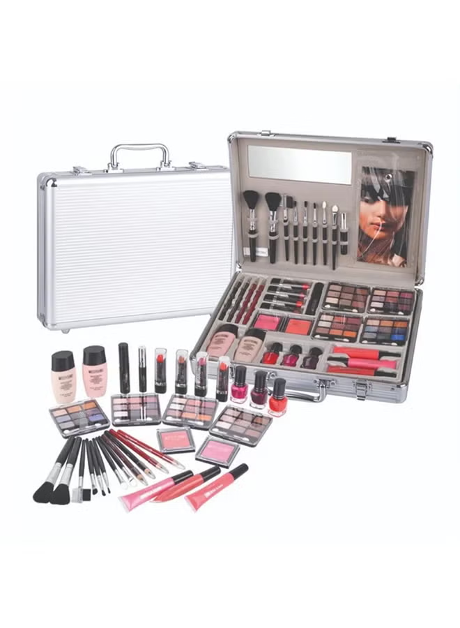 Professional Miss Young makeup kit in silver vanity box featuring brushes, eyeshadows, lipsticks, nail polish, and tools – ideal all-in-one makeup set for women in UAE.