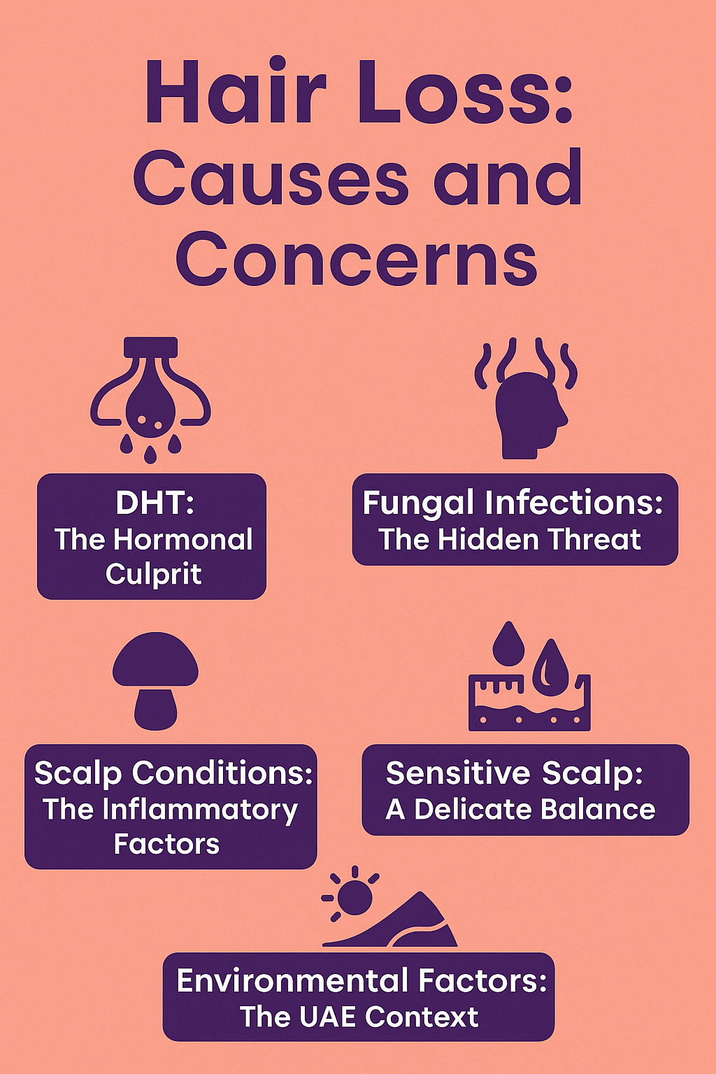 Infographic titled Hair Loss: Causes and Concerns, featuring icons and explanations for DHT, fungal infections, scalp conditions, sensitive scalp, and UAE-specific environmental factors.