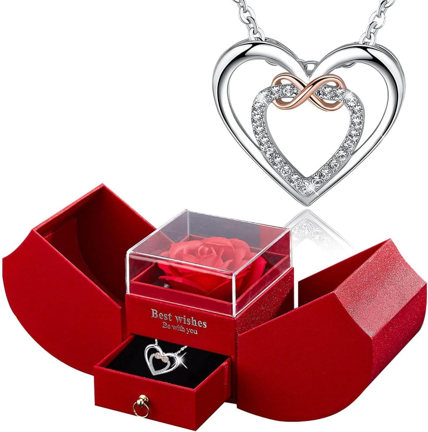 Elegant heart-shaped pendant necklace with a sparkling infinity design, paired with a preserved red rose in a luxurious red gift box, making it the perfect Valentine’s Day gift for her.