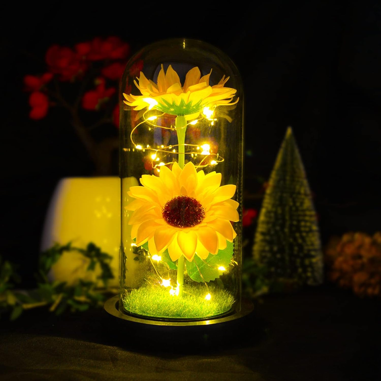 A stunning glass dome with illuminated sunflowers, a perfect valentine day gift idea for wife or for her