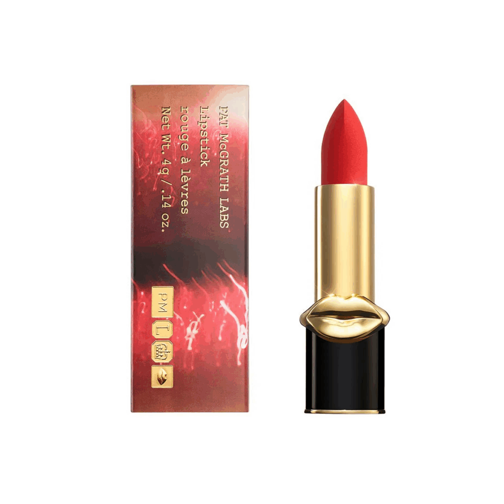 Pat McGrath Labs luxury lipstick in bold red with iconic gold lips packaging – one of the best lipstick brands for high-impact color and couture beauty.