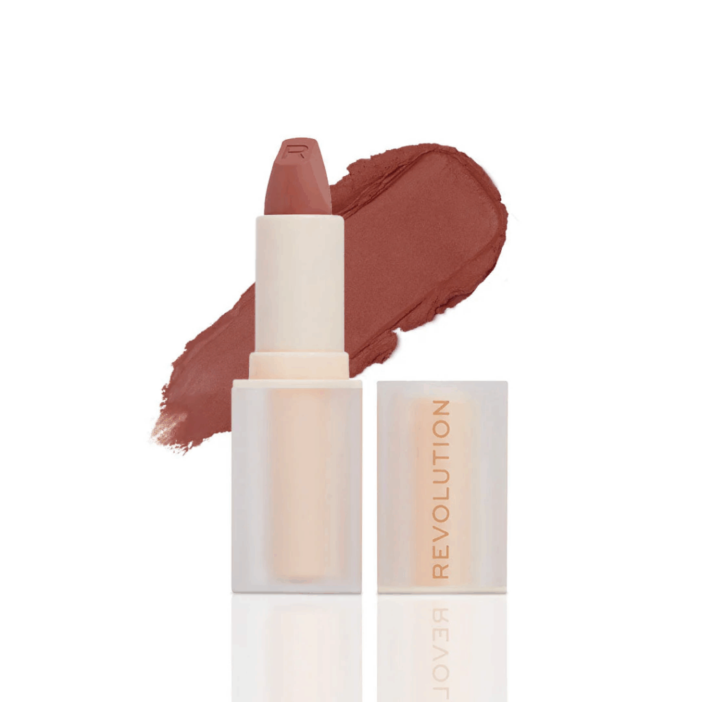 A classic satin lipstick from Maybelline in deep rose shade with a soft sheen, showing a smooth and moisturizing type of lipstick.