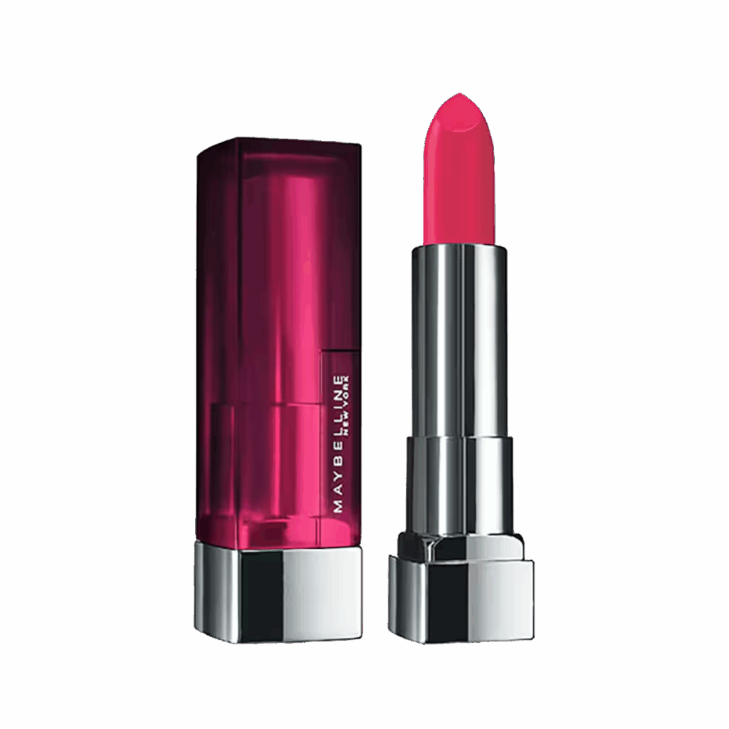 A satin lipstick from Maybelline in bright pink, featuring a smooth, slightly glossy finish—one of the most wearable types of lipstick for daily use.