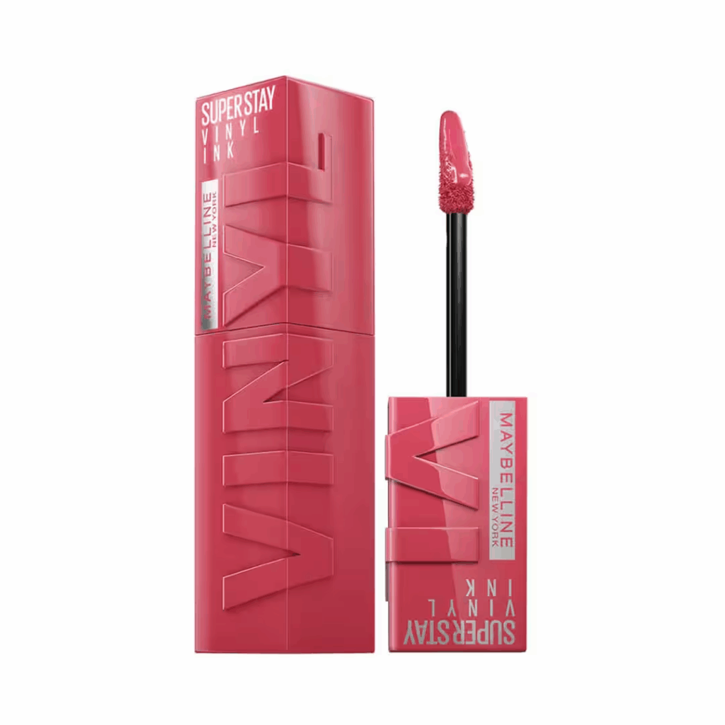 A high-shine pink glossy liquid lipstick by Maybelline in bold red, representing one of the most reflective and hydrating types of lipstick.