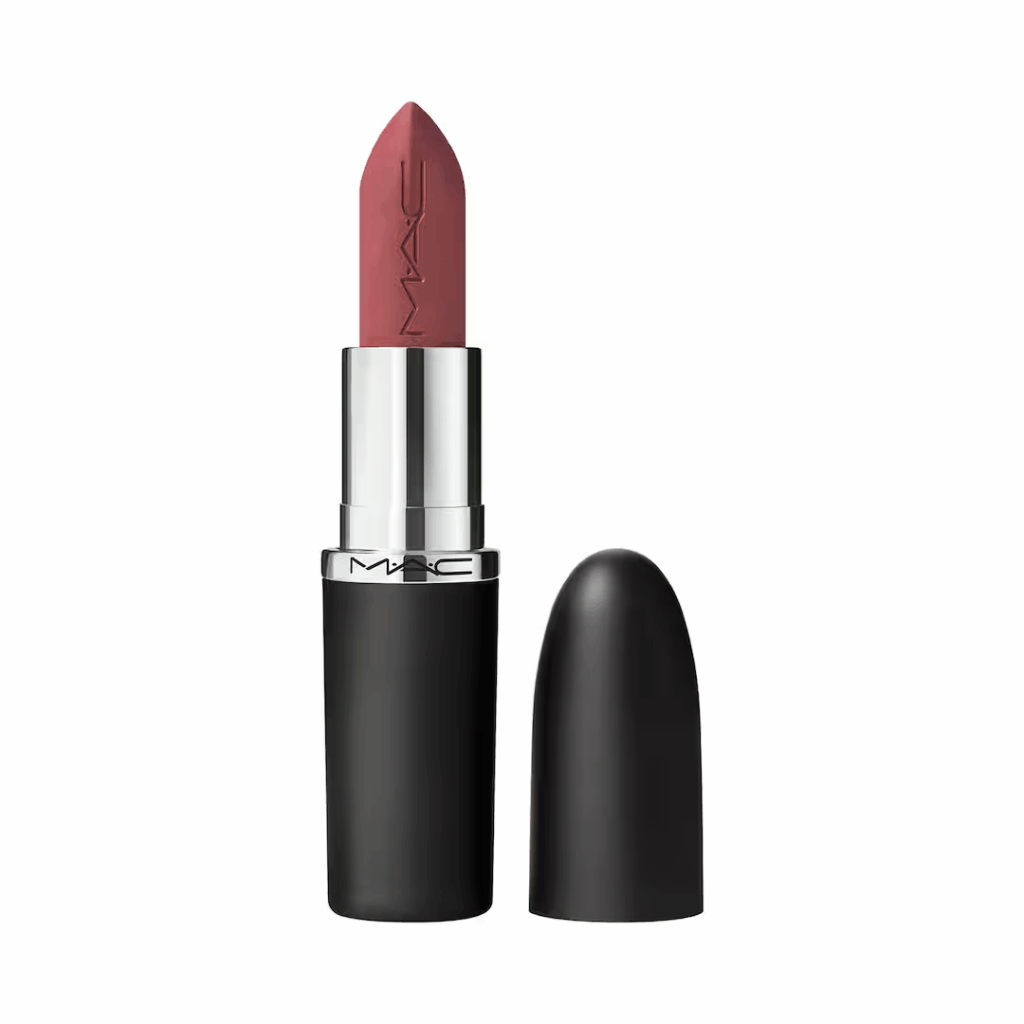 A sheer lipstick by MAC in a soft rose tone, offering light coverage and a glossy finish—ideal for those exploring subtle types of lipstick.