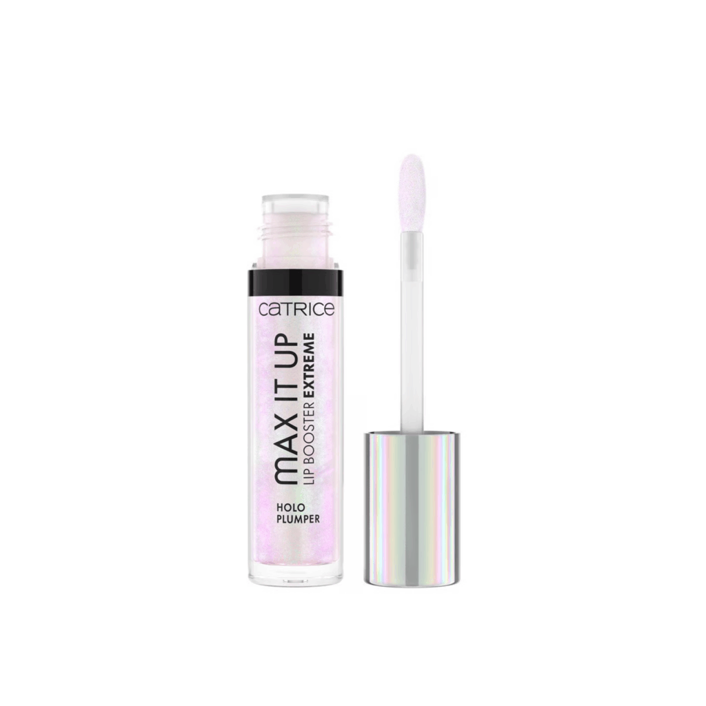 Open tube of Catrice Max It Up Lip balm Booster Extreme with bright pink liquid and sponge applicator.