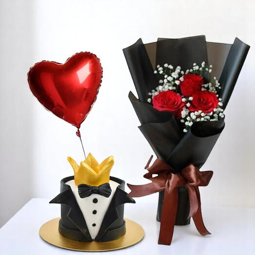 Elegant flower bouquet featuring roses and baby's breath, perfect for celebrating anniversaries. A beautiful combination of red roses with a heart-shaped balloon, ideal for romantic occasions.