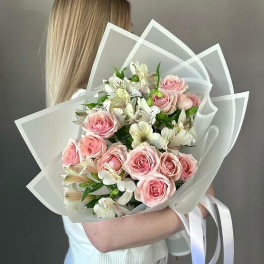 Delicate pink roses and white alstroemeria arranged in a sophisticated bouquet, ideal for gifting the best anniversary flowers to a loved one.