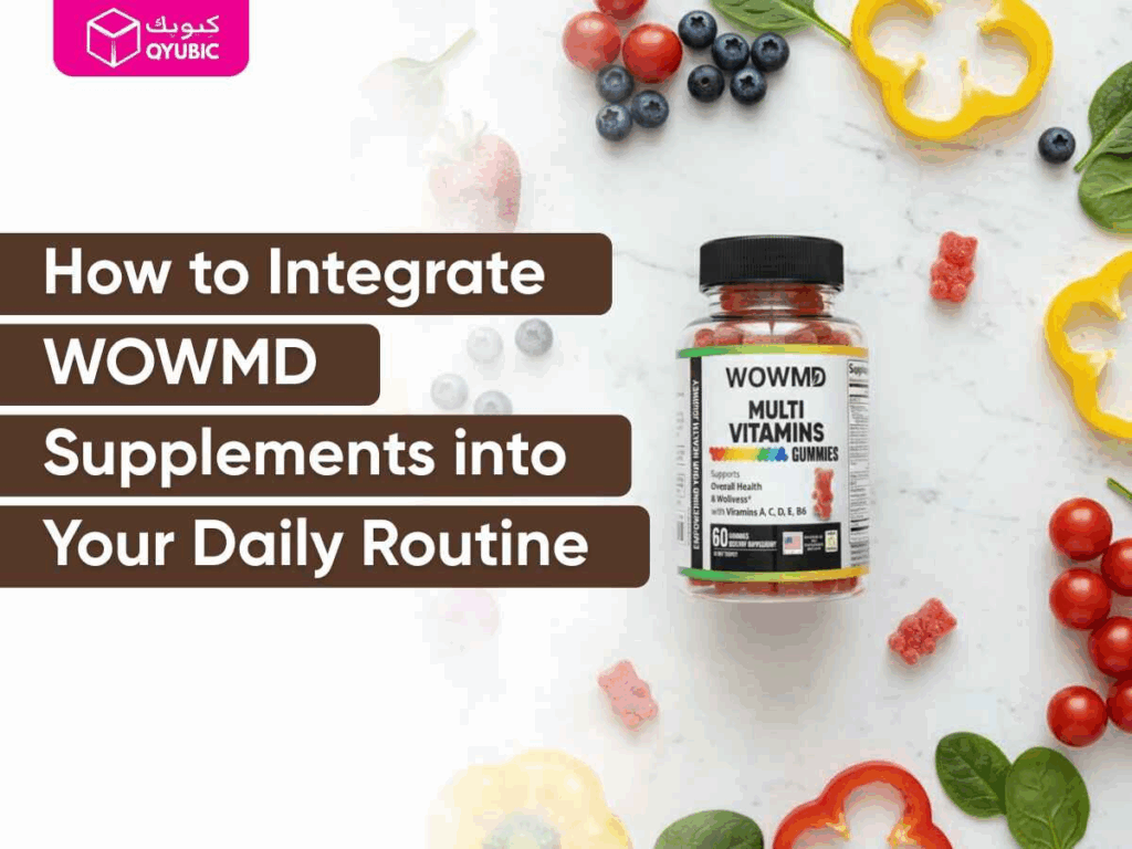  A bottle of WOWMD Multi Vitamins Gummies for adults surrounded by fresh fruits and vegetables like berries and peppers, illustrating how to integrate supplements into a healthy daily routine.
