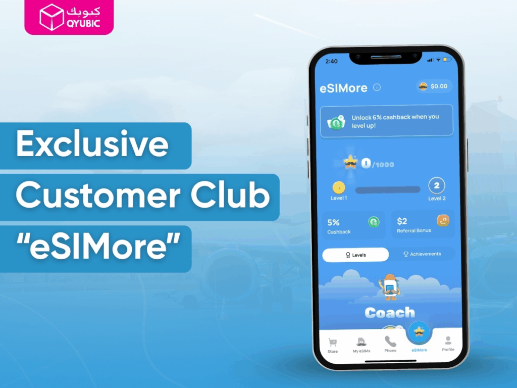 eSIMore customer club in the eSIMo app, offering cashback, referral bonuses, and rewards for loyal users on global mobile services