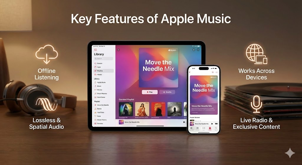 Key features of Apple Music: Offline listening, lossless and spatial audio for high-quality sound, cross-device support for seamless listening, and live radio with exclusive content for an enhanced music experience.